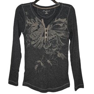 Eddie Bauer Henley Top Waffle Thermal Shirt Gray Floral Graphic Y2K Womens Small